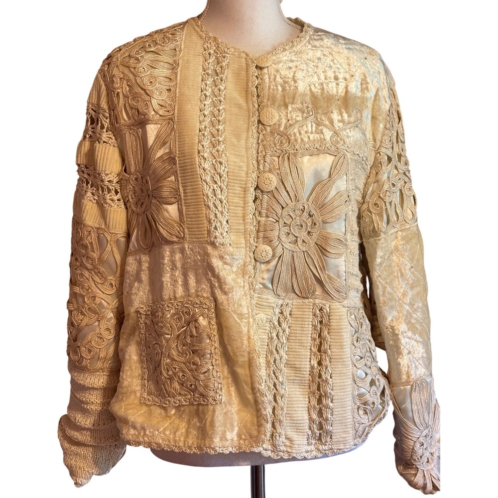 Elegant Patchwork Jacket Cream Velvet Corduroy Soutache Lace Cottagecore Medium